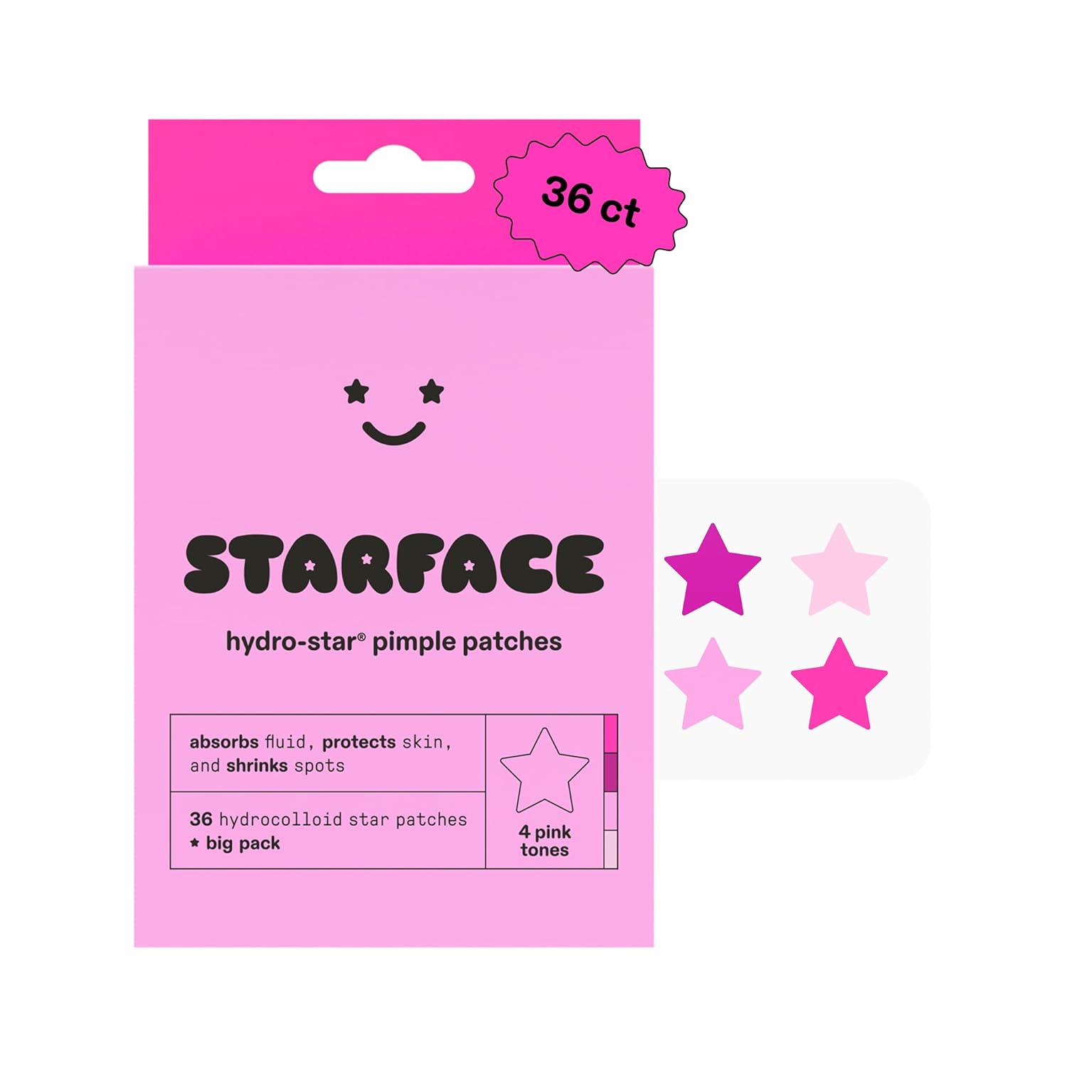 Starface Hydro-Star® Pink Pimple Patches, Hydrocolloid, Clinically Proven Spot Shrinking in 6 Hours, Absorb Fluid, Reduce Redness, 4 Pink Shades, Vegan, Cruelty-Free Skincare (36 Count)