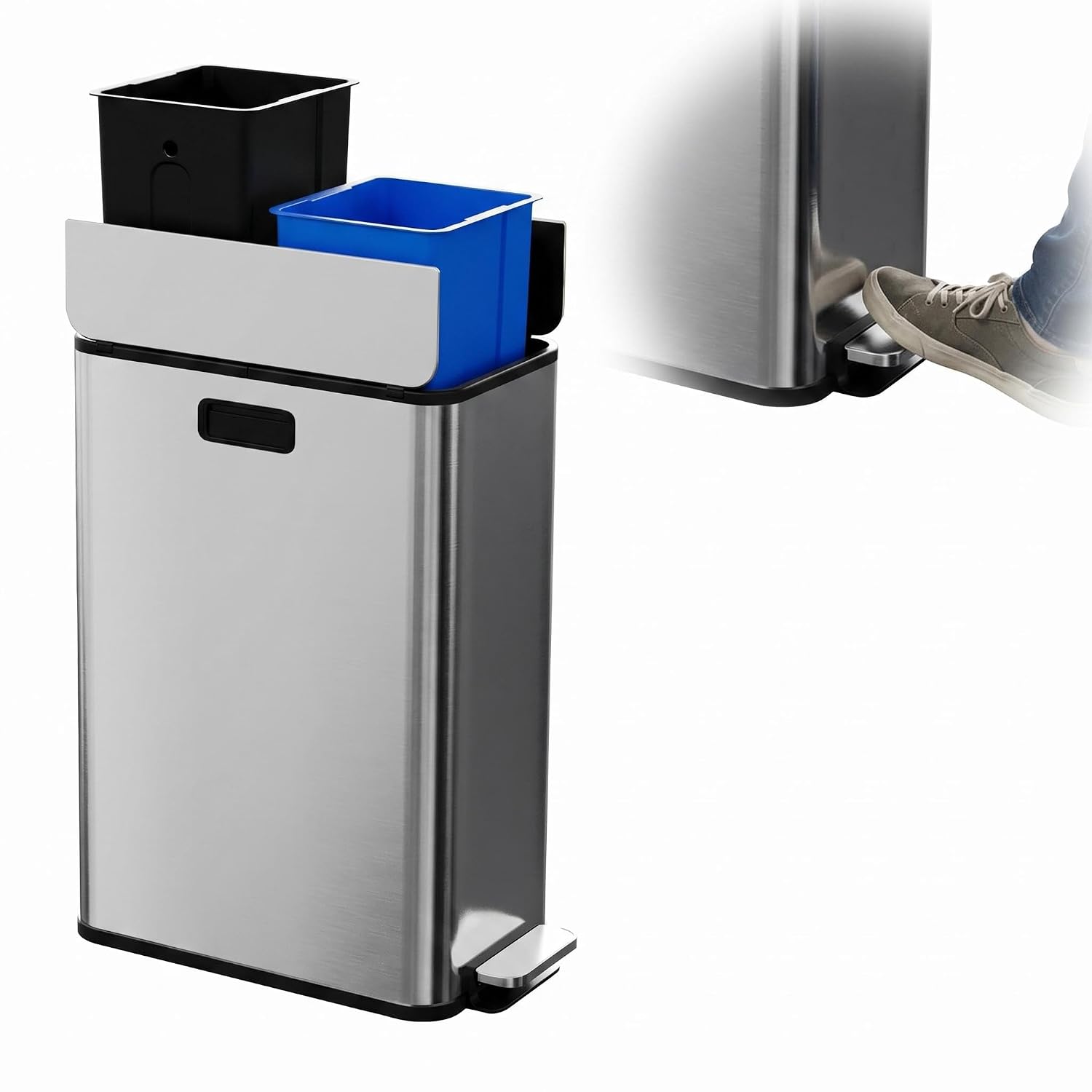 15-Gallon Dual Trash Can Step-On Pedal Kitchen Trash Bin - Silver