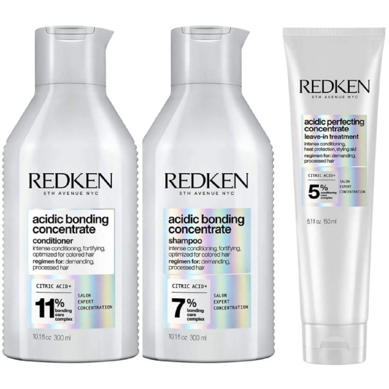 Redken Acidic Bonding Concentrate Shampoo, Conditioner & Treatment Set For Damaged and All Hair Types - Repair and Strengthen Weak Hair Bonds With Citric Acid