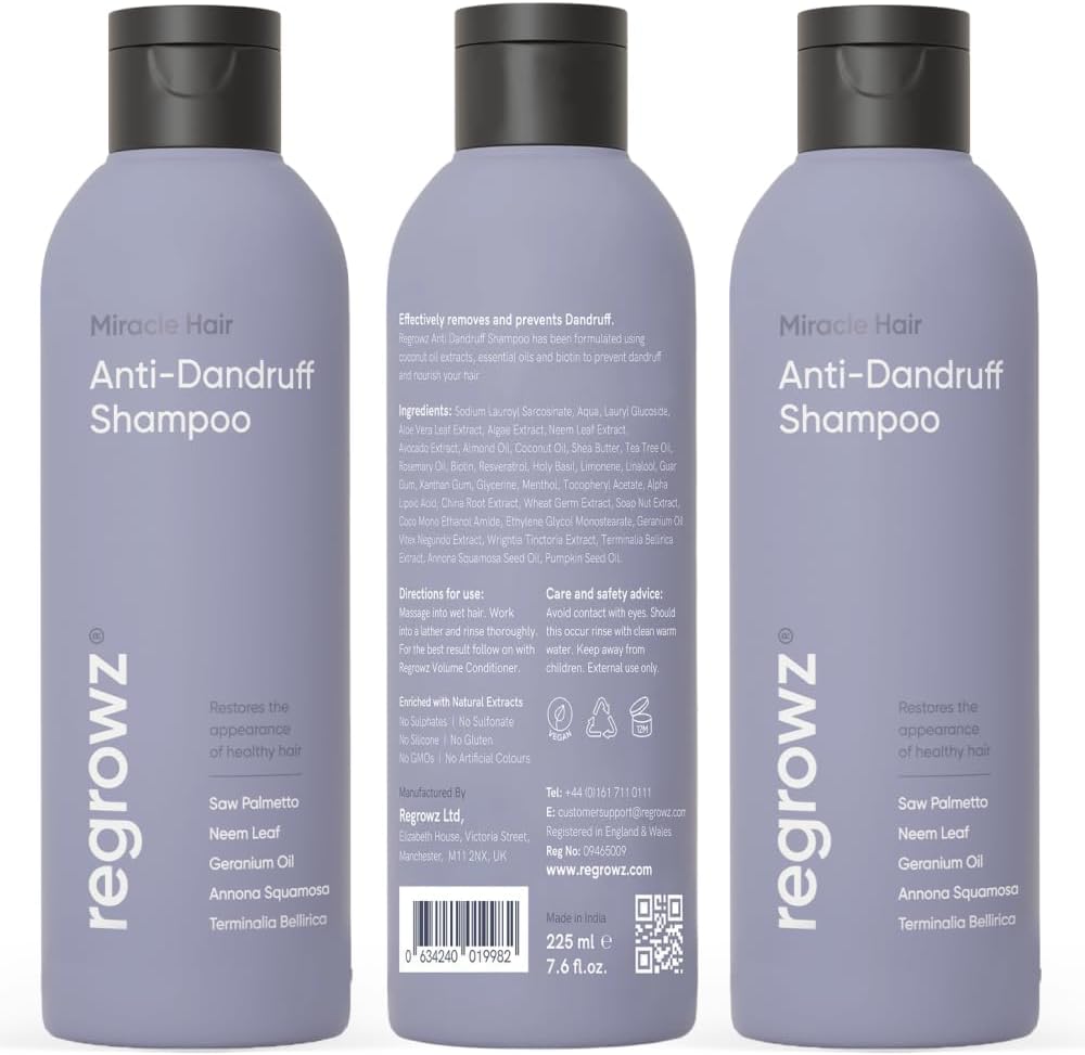 Regrowz Anti Dandruff Shampoo for Soothing Itchy, Dry Scalps - 2 x 225 ml | Powerful Anti Dandruff Treatment | Eliminates Flakes & Deeply Hydrates Healthy & Vibrant Hair