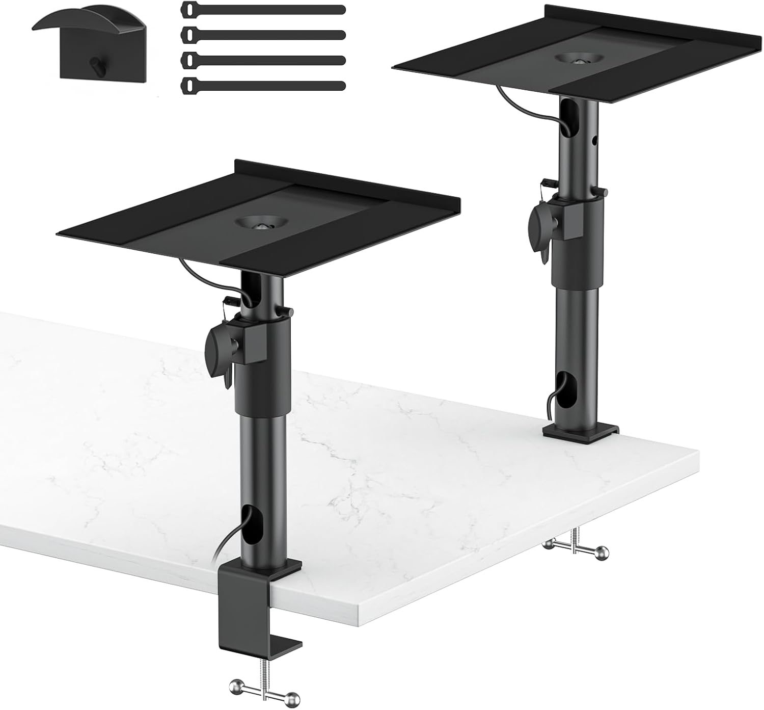 Clamp-on Desktop Speaker Stands Pair for LG, Sony, Vizio, Klipsch, Samsung, JBL Speaker Stand Desk - Adjustable Desk Speaker Stands for Most Satellite & Bookshelf Speaker Stands Wr Cable Management