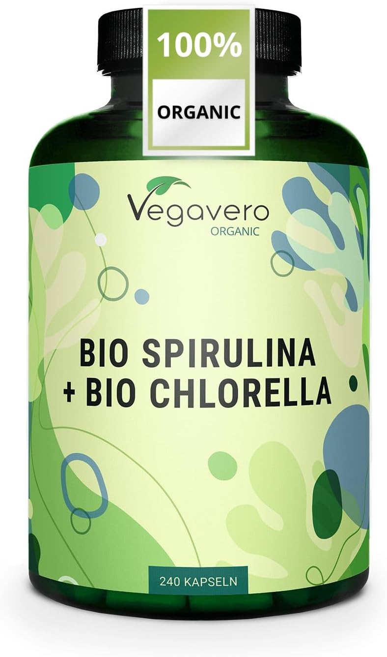 Vegavero Organic Spirulina and Chlorella Capsules High Strength | 2000 mg Per Serving | 240 Capsules | NO Additives | Pure Powder | Vegan