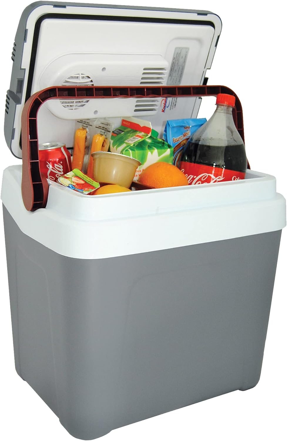Koolatron Electric Portable Cooler Plug in 12V car Cooler 25 L (26 qt), No Ice Thermo Electric Portable Fridge for Camping, Travel Road Trips Trucking with 12 Volt DC Power Cord, Gray/White.