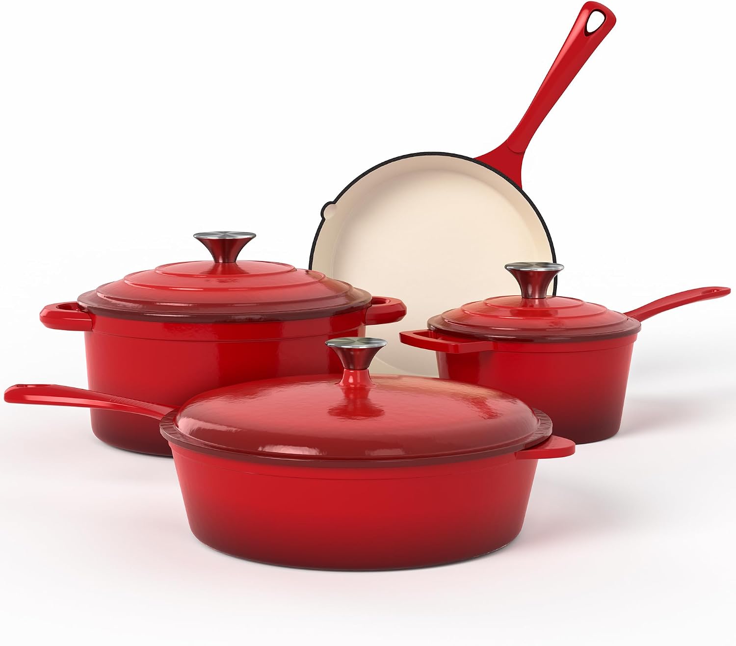 Kitchen Academy 7Pcs Red Enameled Cast Iron Cookware Sets, Heavy Duty