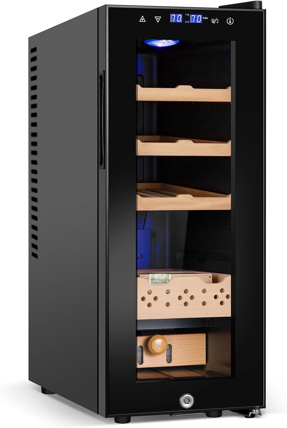 Electric Cooler Cabinet 35L with Temperature and Humidity Control, Spanish Cedar Wood Shelves and Safety Lock (300 Counts Capacity), Gift for Men