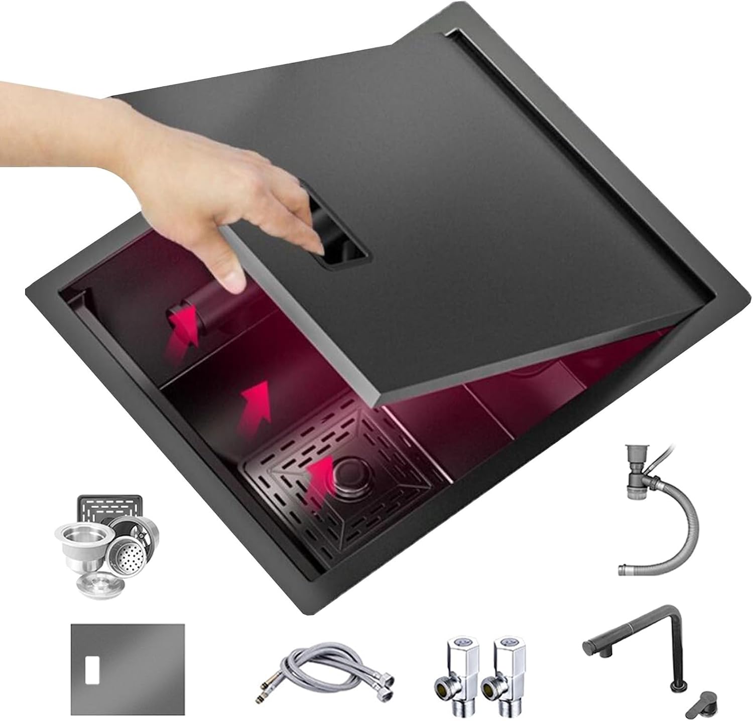 Invisible Sink with Pull-Out Lifting Faucet Cover RV Studio Outdoor Bar Kitchen Sink Stainless Steel Concealed Vegetable Washbasin(40 * 44 * 22cm)