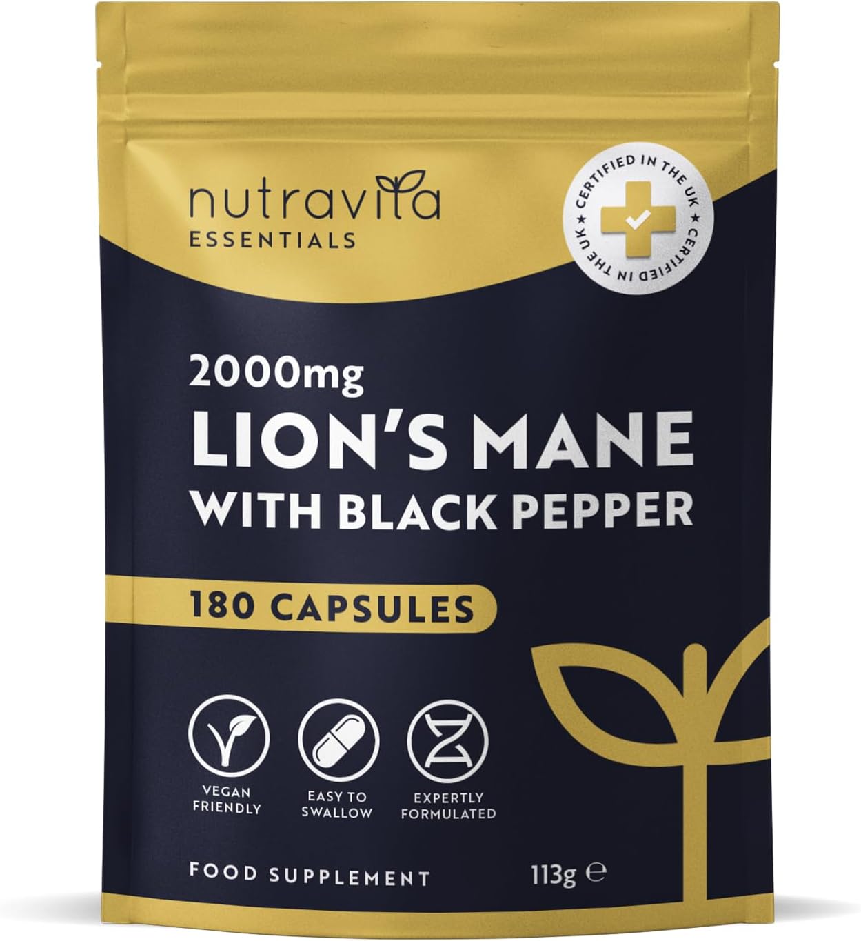 Nutravita Lions Mane Mushroom Extract Supplement 2000mg - 180 High Strength Vegan Capsules with Black Pepper - (Not Lionsmane Tablets or Powder) - Made in The UK