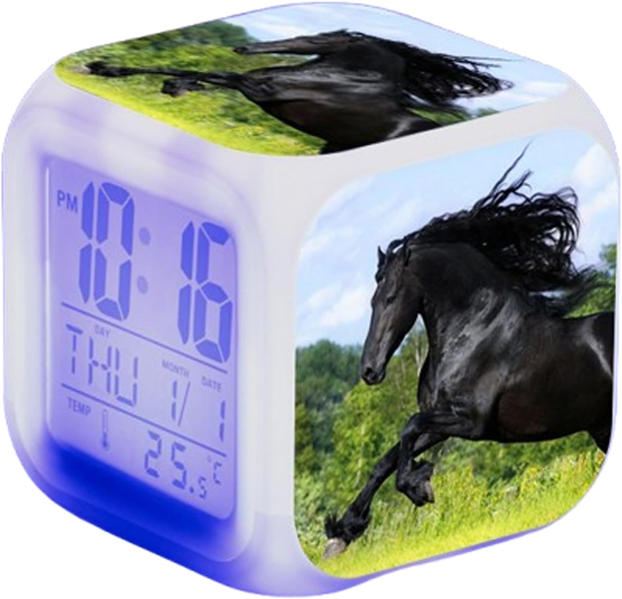 LuminescentDream Horse Pattern Mini LED Digital Alarm Clock With Date Temperature Display Cube Alarm Clock Grow Clock For Boys And Girls Gift (8 * 8 * 8CM)