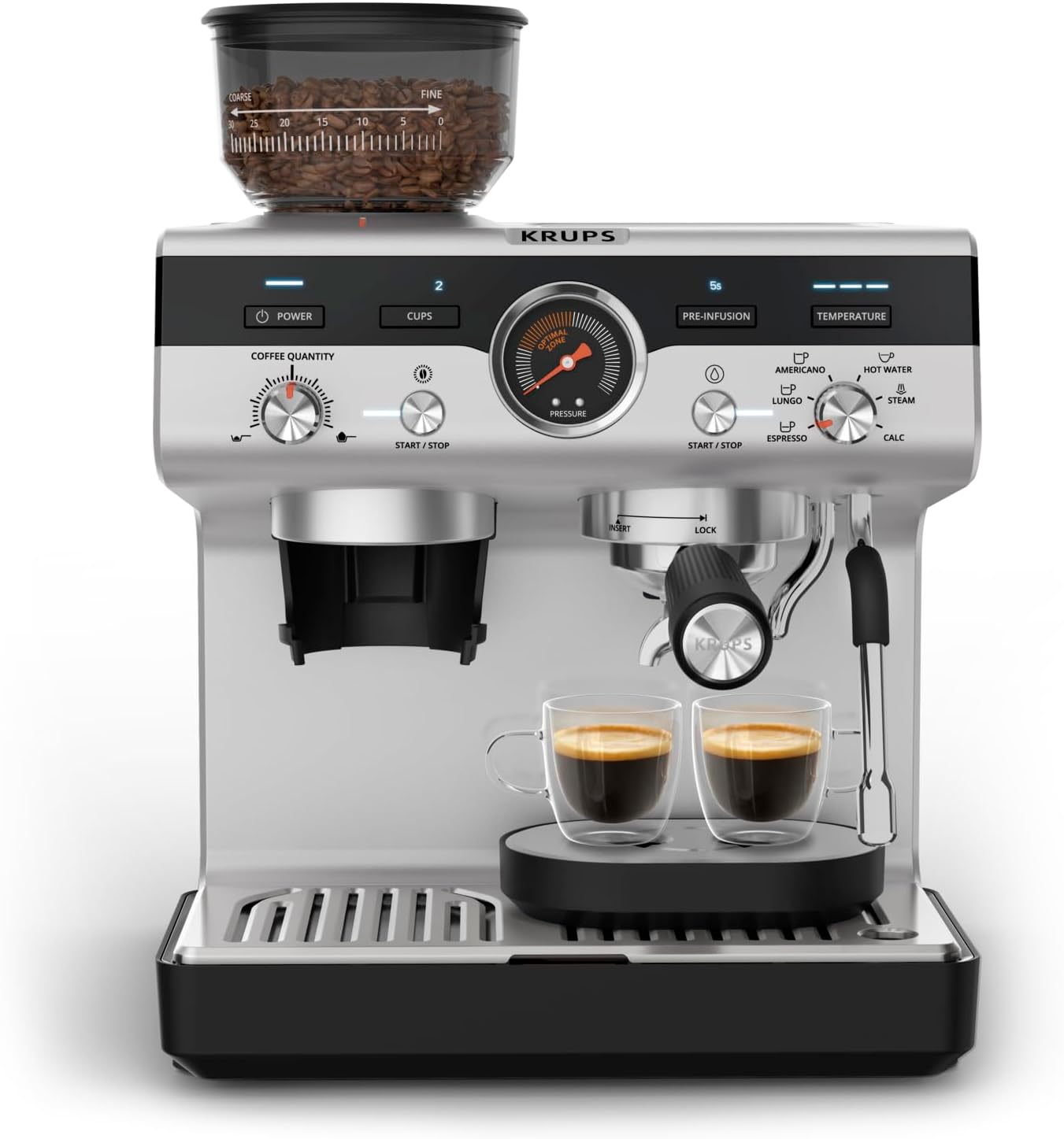 Krups Precision, Manual Espresso Machine With Grinder, Perfectly Crafted Espresso, Intuitive Interface, XP801TG0, Black/Stainless Steel