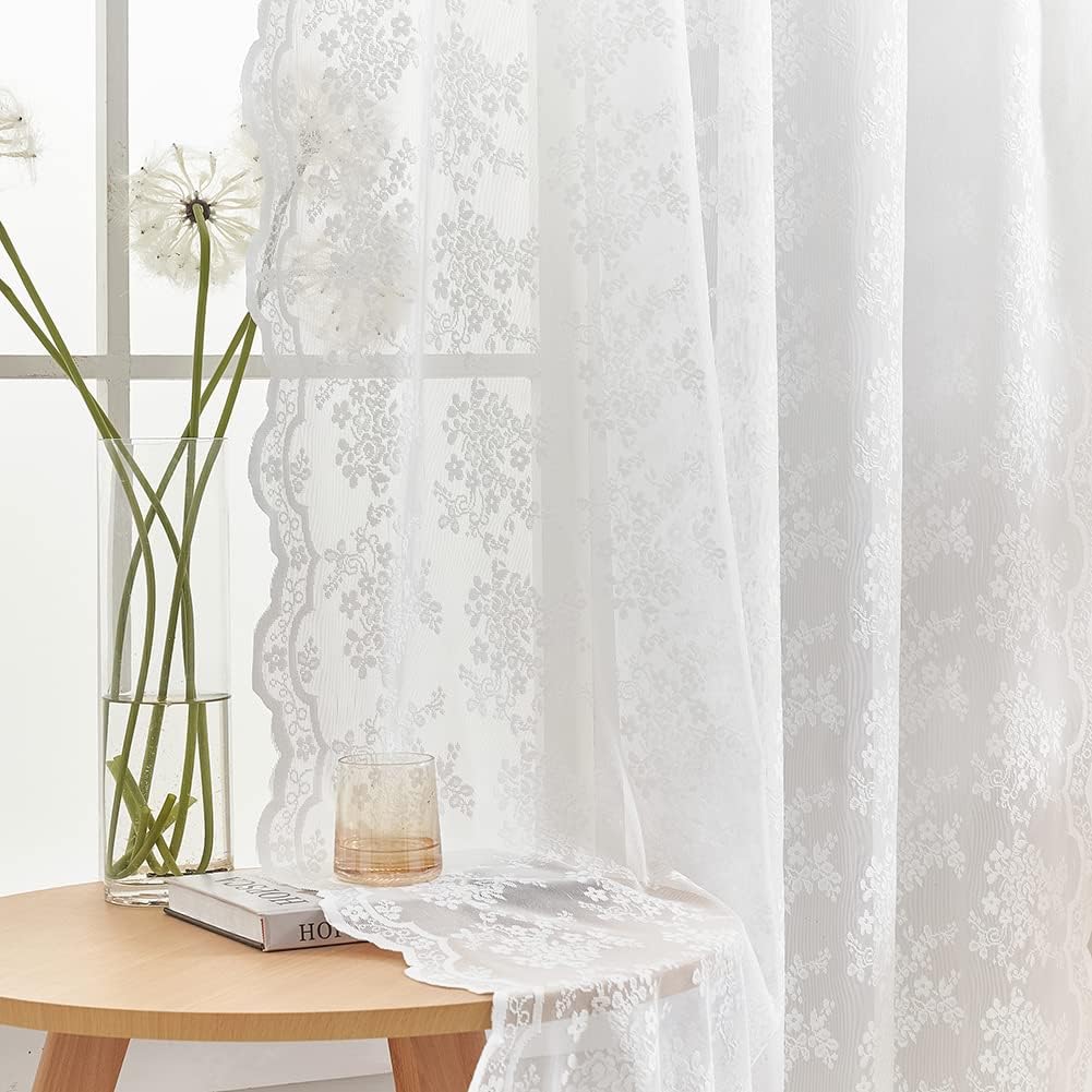 YJ YANJUN Lace Curtains for Windows 54 inch Drop Vintage Flowers and Branch Net Curtains for Old House Shabby Chic Sheer Voile 2 Panels 52" Wide x 54" Drop