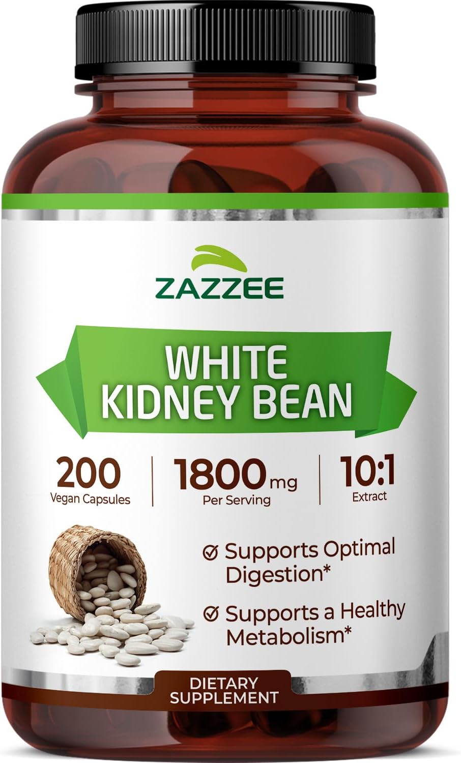 Zazzee White Kidney Bean 10:1 Extract, 1800 mg per Serving, 200 Capsules