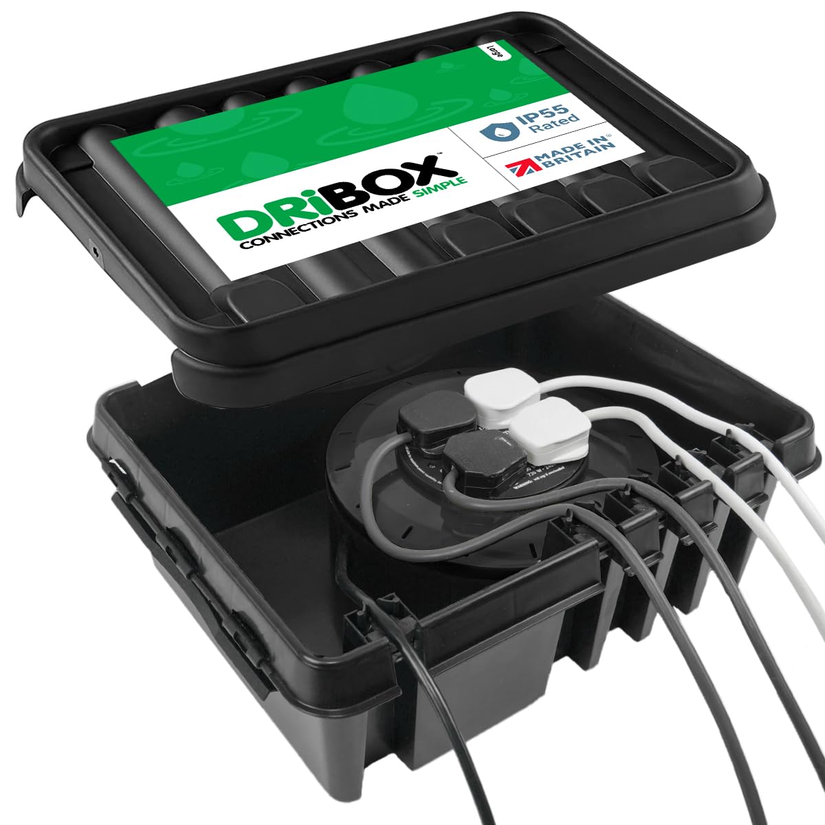 DRiBOX – Large IP55 Weatherproof Outdoor Electrical Connection Box 40 x 31 x 14.5cm – Power Cord Enclosure for Christmas Lights, Timers, Extension Cables, Leads, Reels, Transformers (Large, Black)