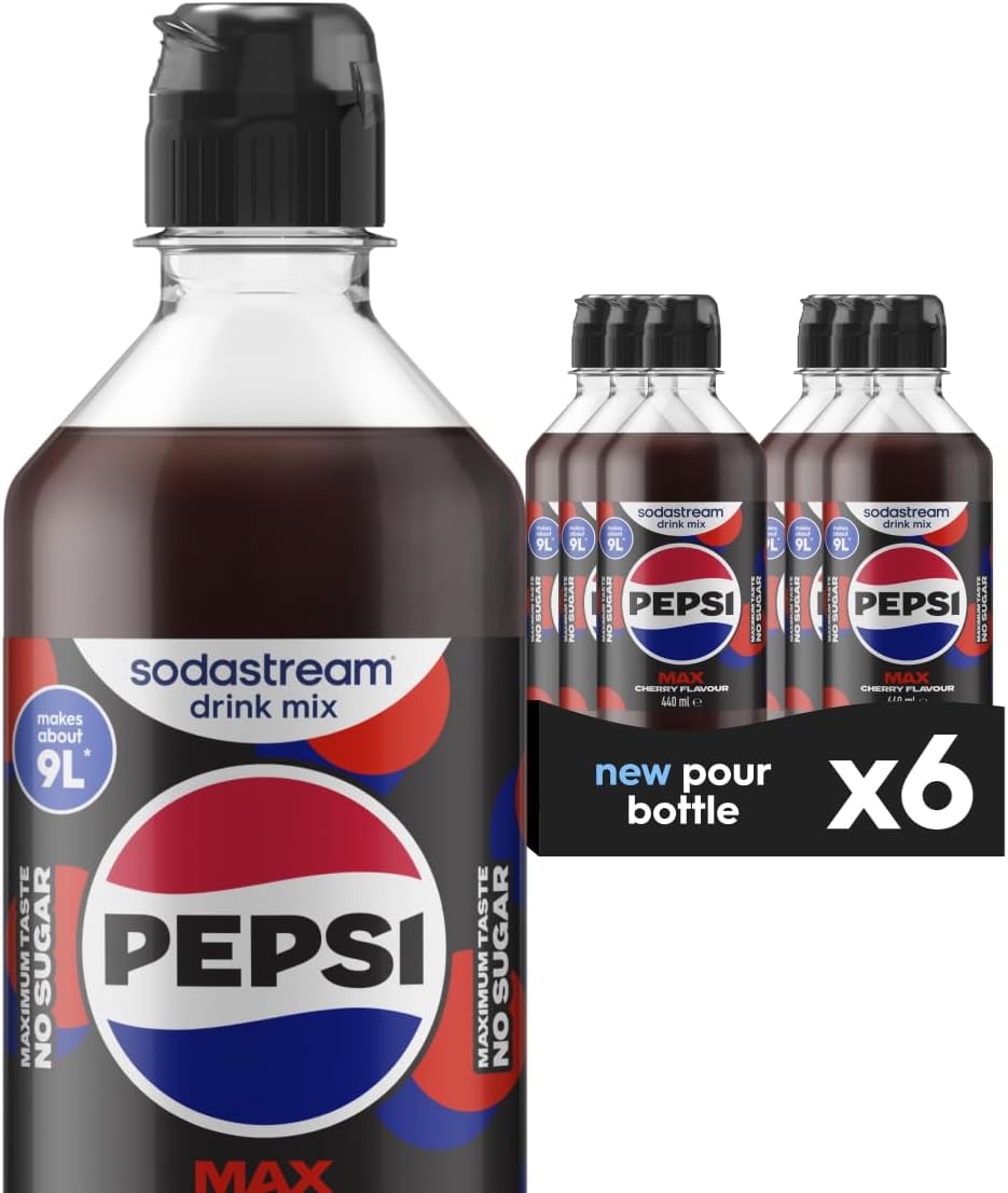 Pepsi Max Cherry, Soda Mix for Carbonated Low Calorie Cherry Cola Flavoured Drink, Official Sparkling Soft Drink Flavour with No Sugar – 440 ml, Pack of 6
