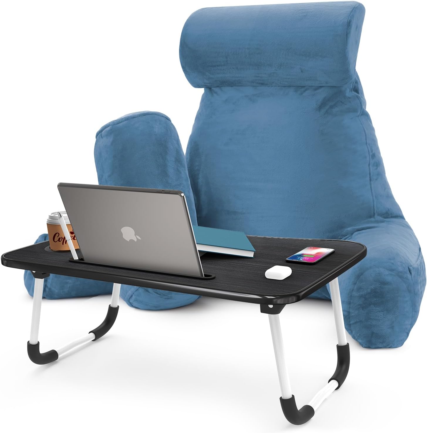 Nestl Reading Pillow with Portable Laptop Lap Desk - Shredded Memory Foam Back Support Pillow for Sitting Up in Bed and Couch Rest Pillows with Arms, Bed Tray Table with Foldable Legs, Blue Heaven