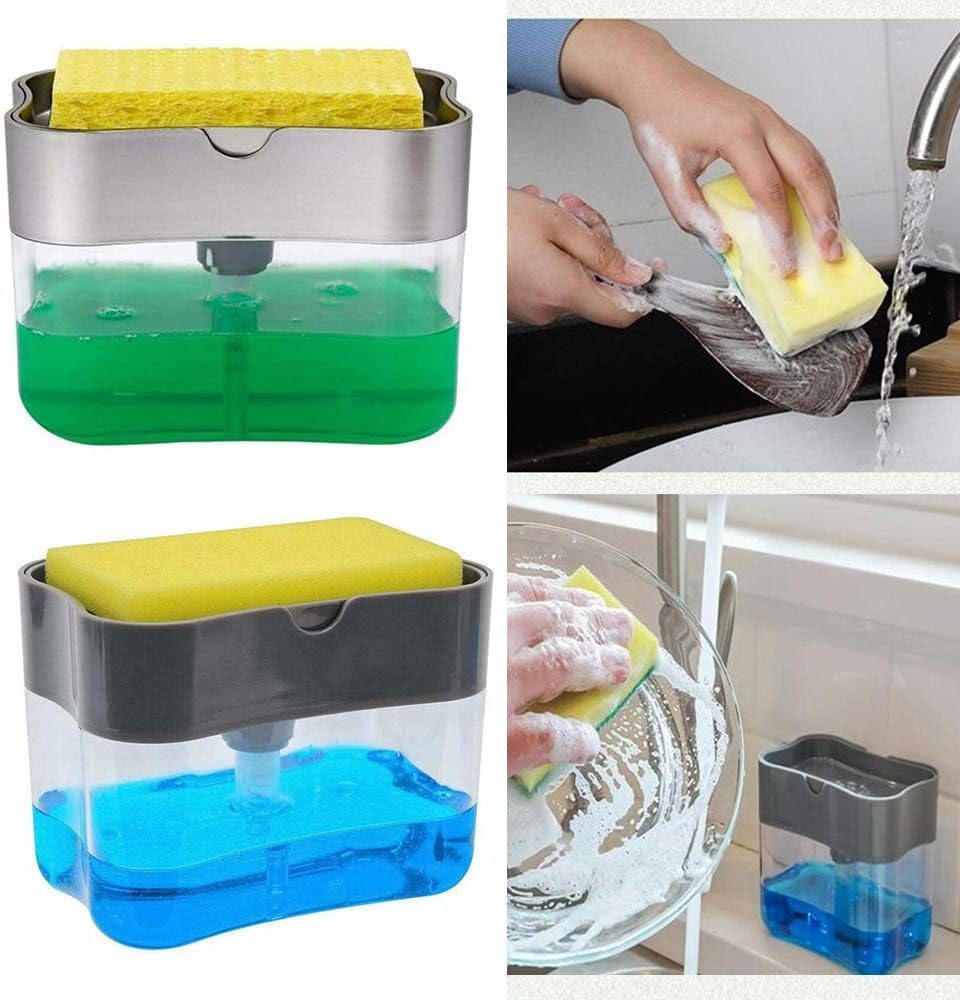 Washing Up Liquid PUMP DISPENSER & SPONGE Set -Pump Action Liquid Dish Soap Dispenser