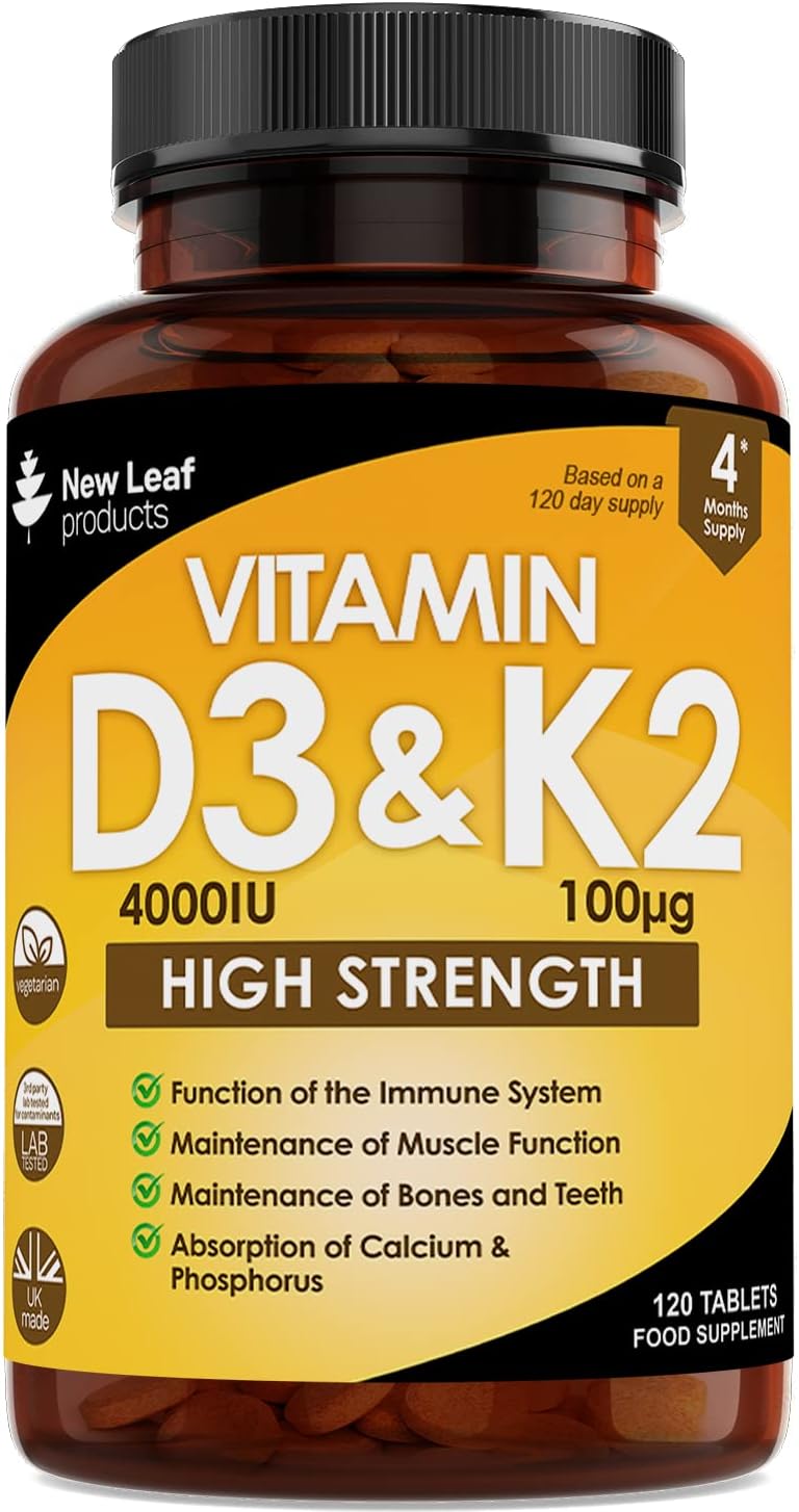 Vitamin D3 K2 - Vitamin D3 4000iu & Vitamin K2 100ug (MK7) 4 Months Supply, Supports Immunity, Calcium Absorption and Bone Health, Non-GMO, UK Made by New Leaf 120 Micro Small Vegetarian Tablets,