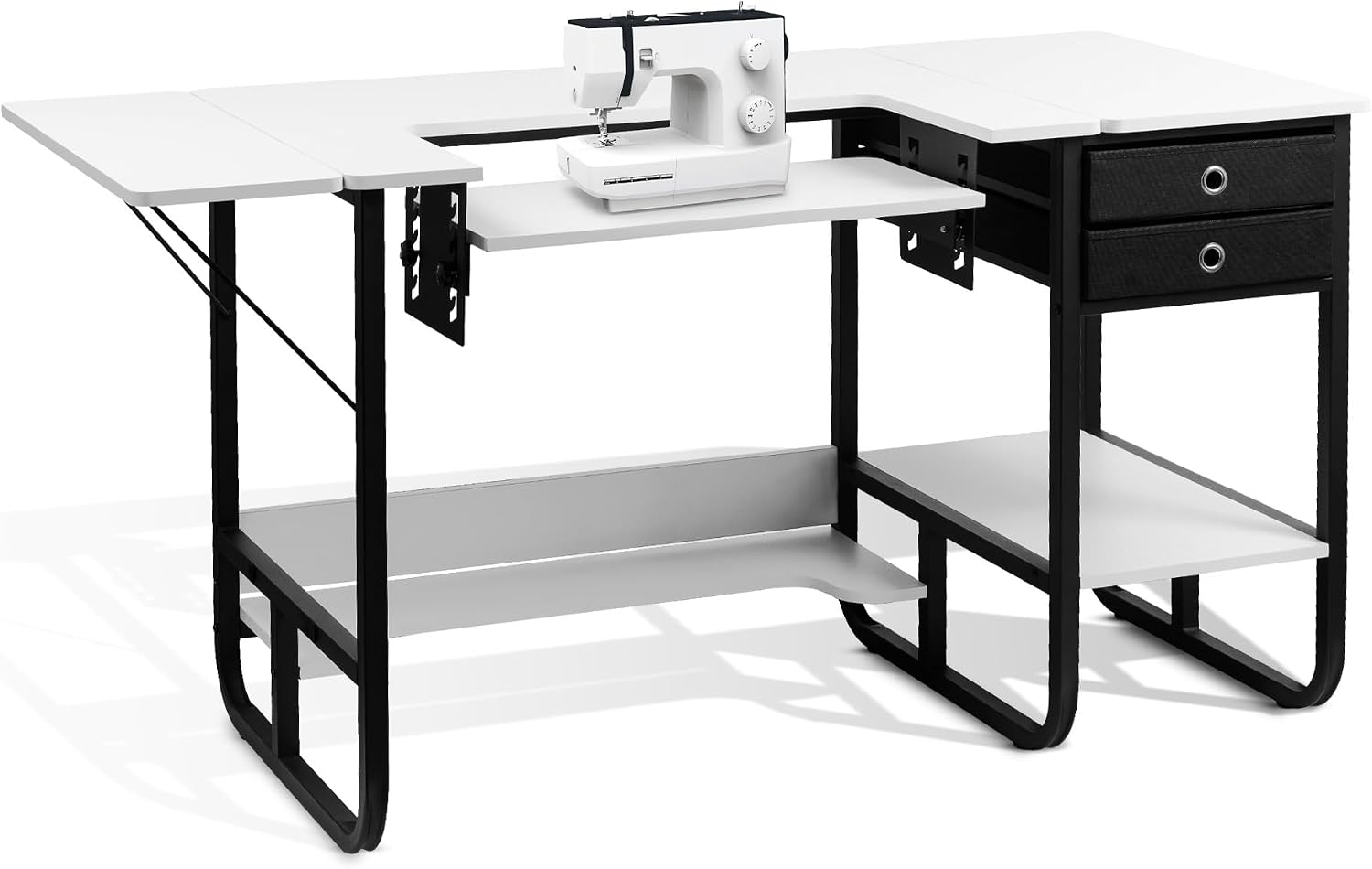Foldable Sewing Machine Table, Multipurpose Sewing Table with Adjustable Platform, Storage Shelf and 2 Cloth Drawers (Warm White)