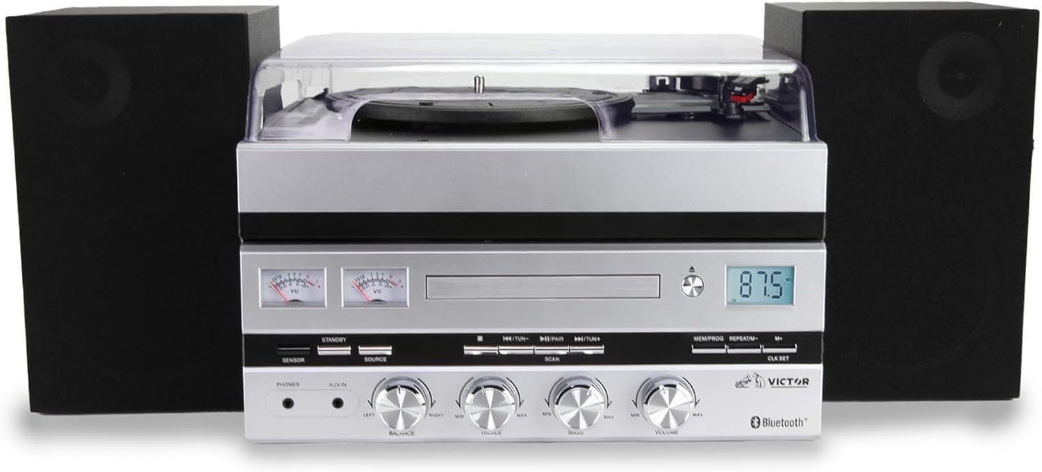 Victor VDTS-5400 Geneva 5-in-1 Music Center with Bluetooth, CD Player, FM Radio, USB Playback, Aux Input, Remote Control, and Detached Stereo Speakers – Perfect for Home Music Lovers