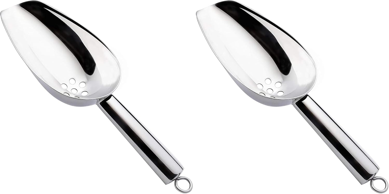 JBscoop Ice Scoop with Holes. Stainless Steel Ice Scoop with Drain Holes to Reduce Unwanted Dilution. Heavy Duty and Dishwasher Safe. Six Ounce Capacity. (Pack of 2)