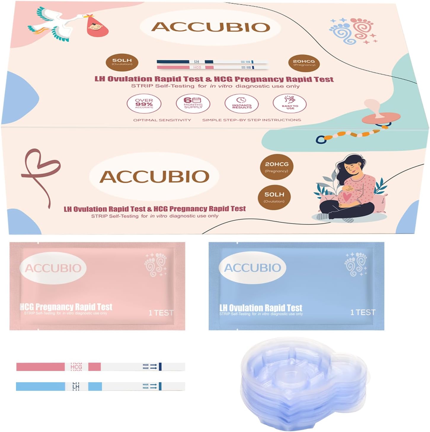 50 Ovulation Test Strips and 20 Pregnancy Test Strips Combo Kit, Sensitive Fertility Predictor Kit, Individually Wrapped, 5mm Wider, Over 99% Accurate, with 70 Free Urine Collection Cups(50LH+20HCG)