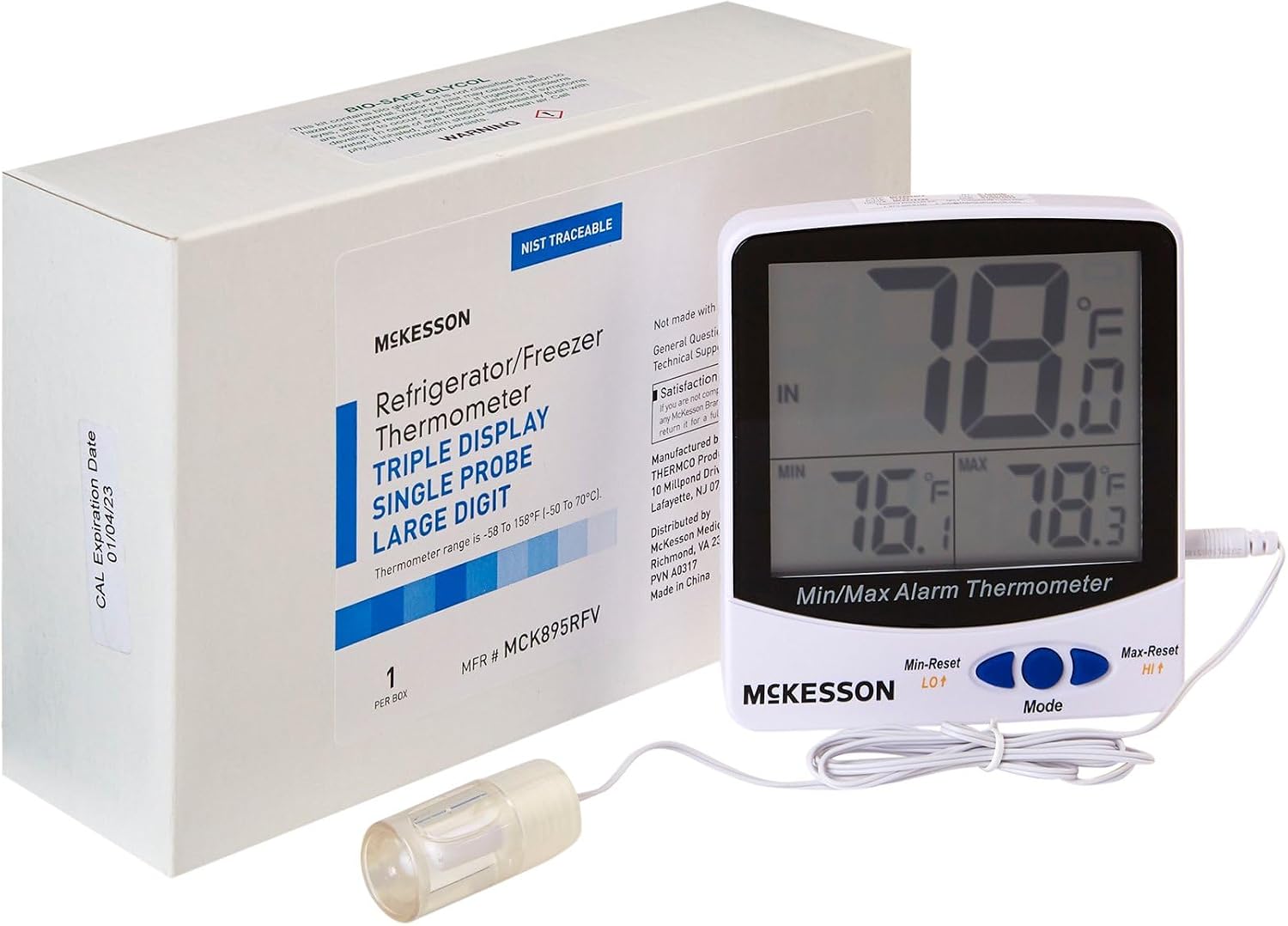 McKesson Refrigerator/Freezer Thermometer with Triple Display, Single Probe, Large Digits for Medical Laboratory, Food Safety Use, 1 Count