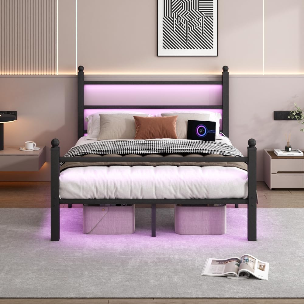 Full Size Bed Frame with Headboard and Footboard,Steel Slats Support-LED Bed Frame with USB Charging Station,Mattress Foundation-Under Bed Storage, No Box Spring Needed,Noise Free,Black