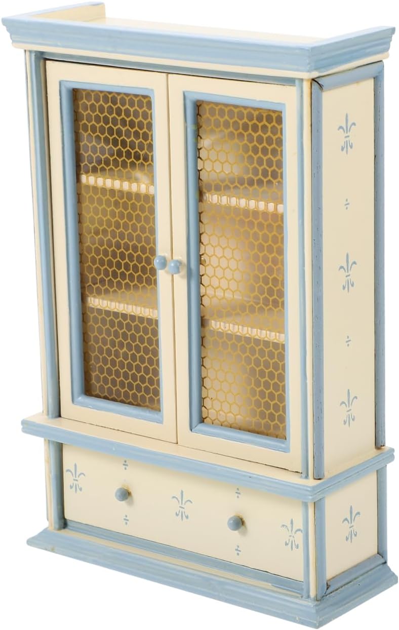 Kisangel 1:12 Scale Dollhouse Bookshelf - Miniature Wooden Cabinet with Glass Doors for Photography Props, Kids Mini Houses Room Models Dolls House Furniture