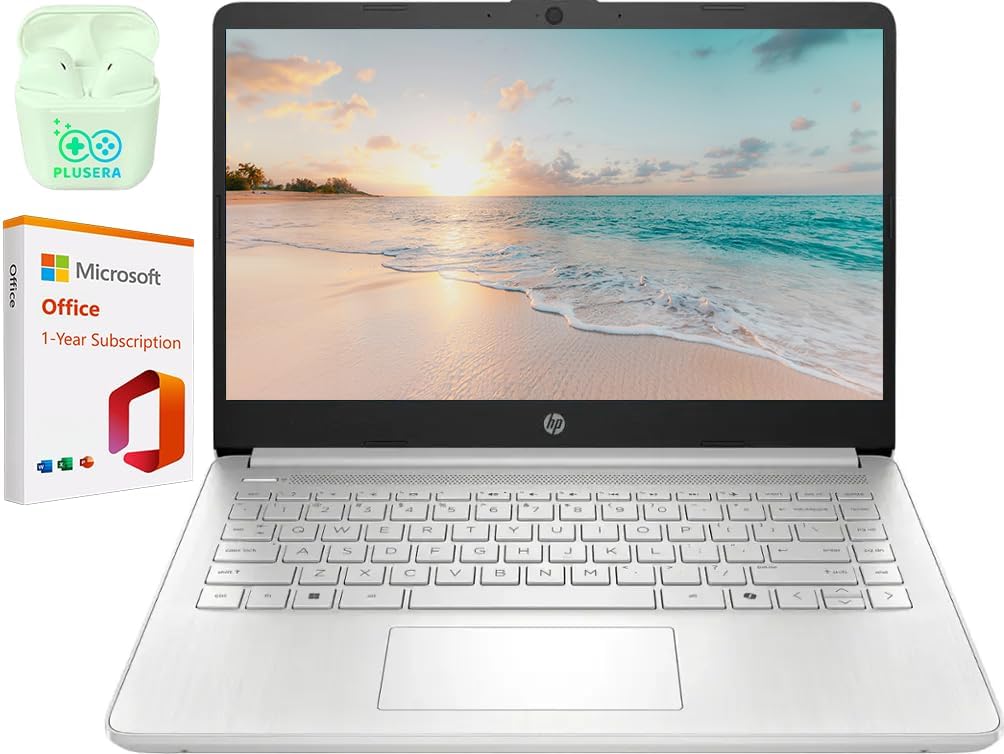 HP 14" LED Business Laptop Computer, 32GB RAM 640GB Storage (128GB UFS + 512GB SD Card), Intel Quad-Core N150 Processor, Windows 11 S & 1-Year Microsoft Office 365 Included, PLUSERA Earphones, Silver