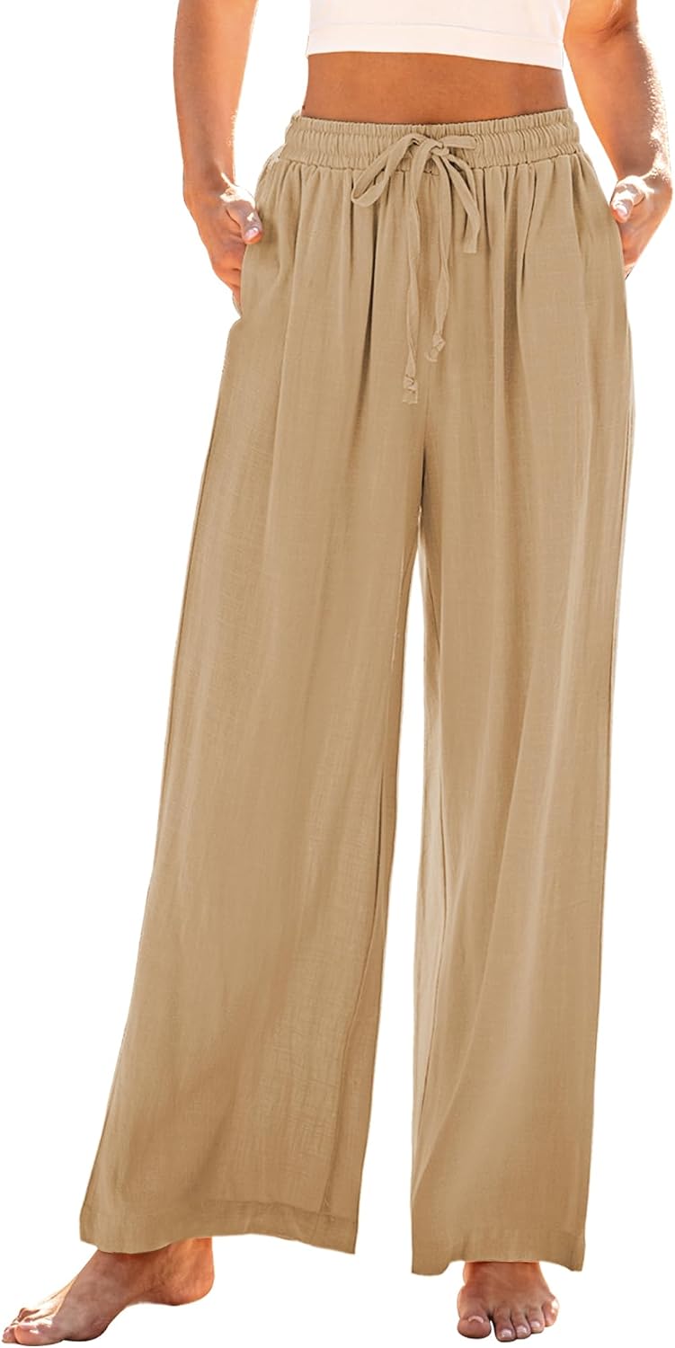 GRAPENT Wide Leg Pants Woman Linen High Waisted Pull On Flowy Casual Baggy Drawstring Palazzo Trousers Pants Resort Wear