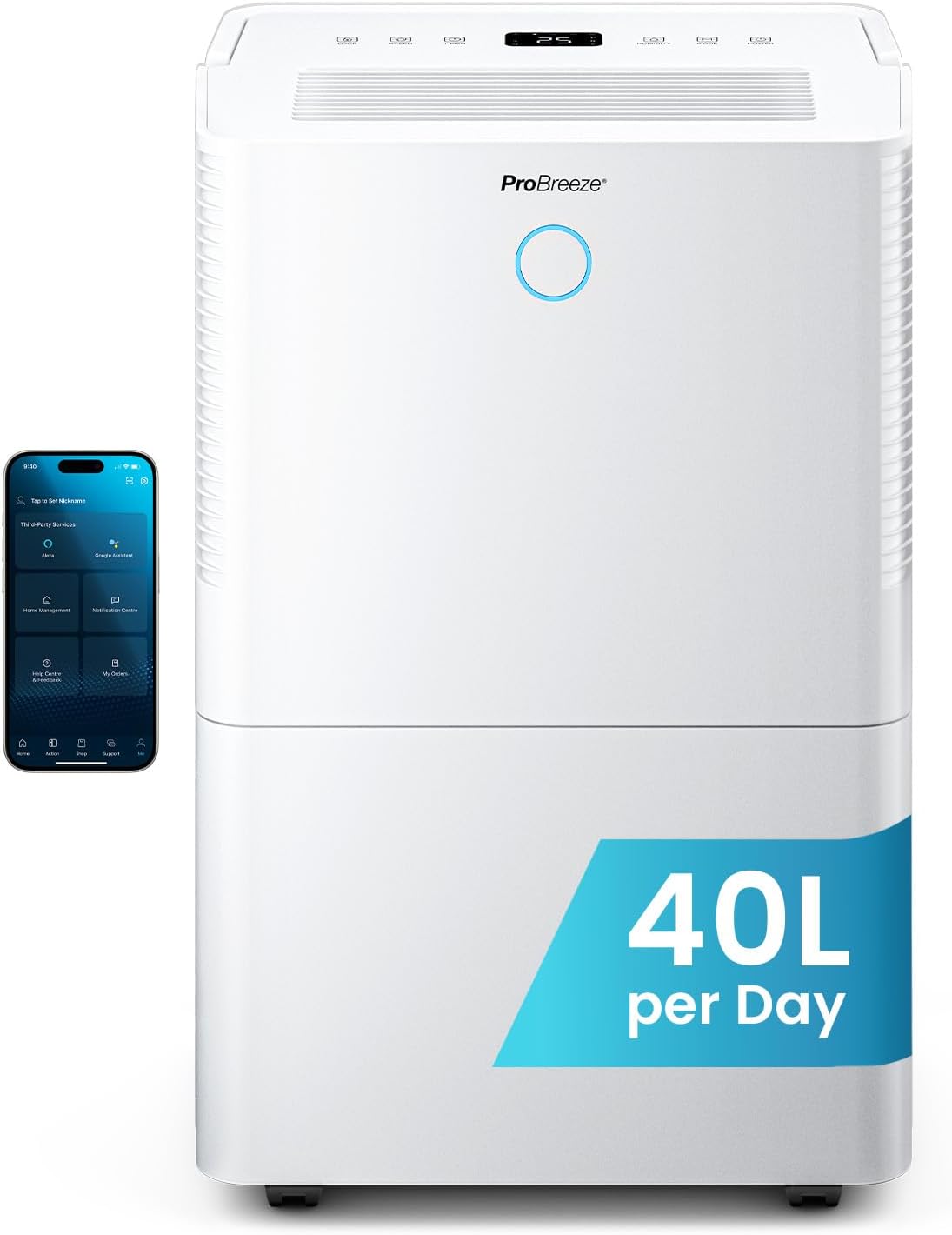 Pro Breeze® 40L OmniDry WiFi Dehumidifier with Automatic Humidity Sensor & Display, 24Hr Timer, Laundry Drying, Continuous Drainage with Smart App
