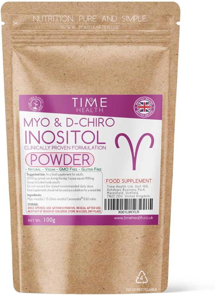 Myo & D Chiro Inositol Powder - Clinically Proven - PCOS Support - 6X More D Chiro Inositol for Enhanced Benefits Compared to 40:1 Ratio - Vegan - No Additives (100g Powder Pouch)