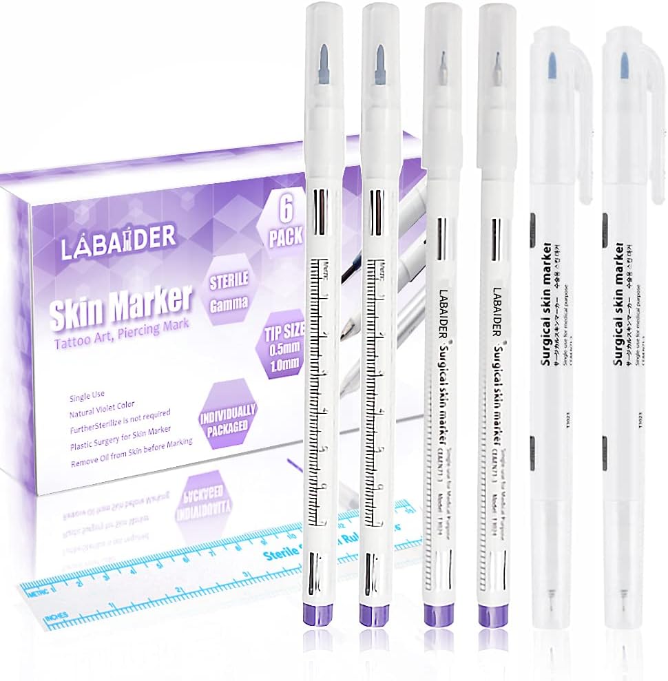 LabAider 6Pcs Professional Surgical Tip Skin Marker Pen Sterile Tattoo Stencil Markers Pen with Paper Ruler for Eyebrow, Lips - Individually Wrapped (0.5MM&1MM)