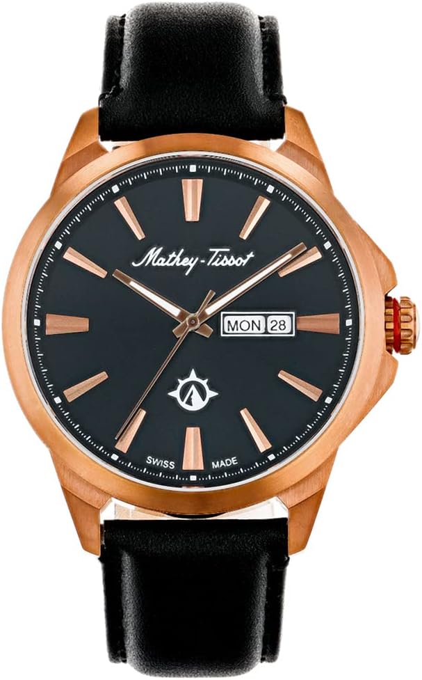 Mathey-Tissot Men's Field Scout Swiss Quartz Watch – 45mm Rose Gold-Tone Stainless Steel Case with Black Dial, Dual-Language Day-Date Window, Black Leather Strap