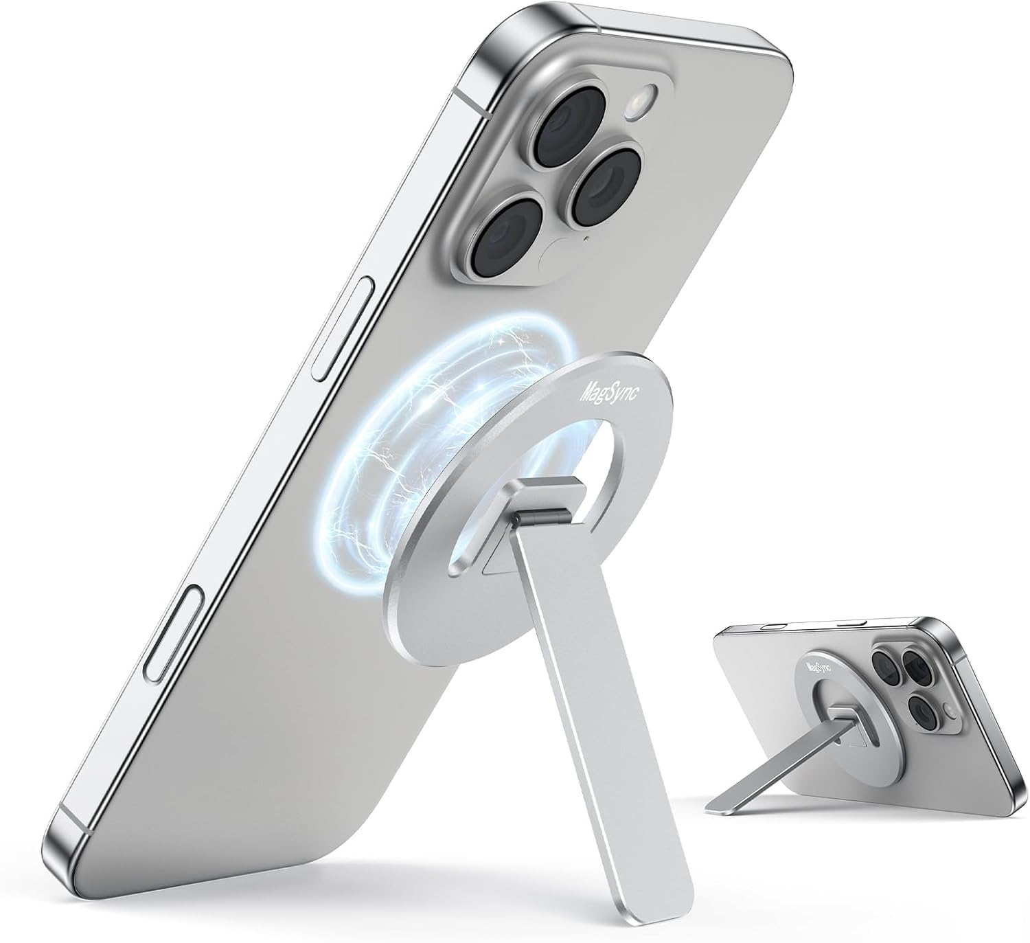 Magnetic Phone Stand for Mag-Safe, 3 in 1 Phone Grip Holder with Kickstand, Ultra-Thin, Adjustable Angle & Pocket Portable - Silver