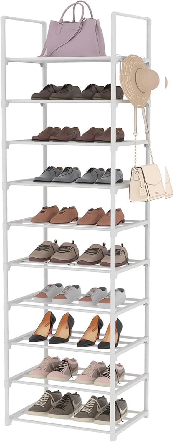 Shoe Rack, 10-Tier Metal Tall Shoe Storage Organizer Holds 20 Pairs, Sturdy Vertical Shoe & Boot Shelf Organizer for Narrow Spaces, Entryway, Closet, Hallway, Cloakroom, Garage White