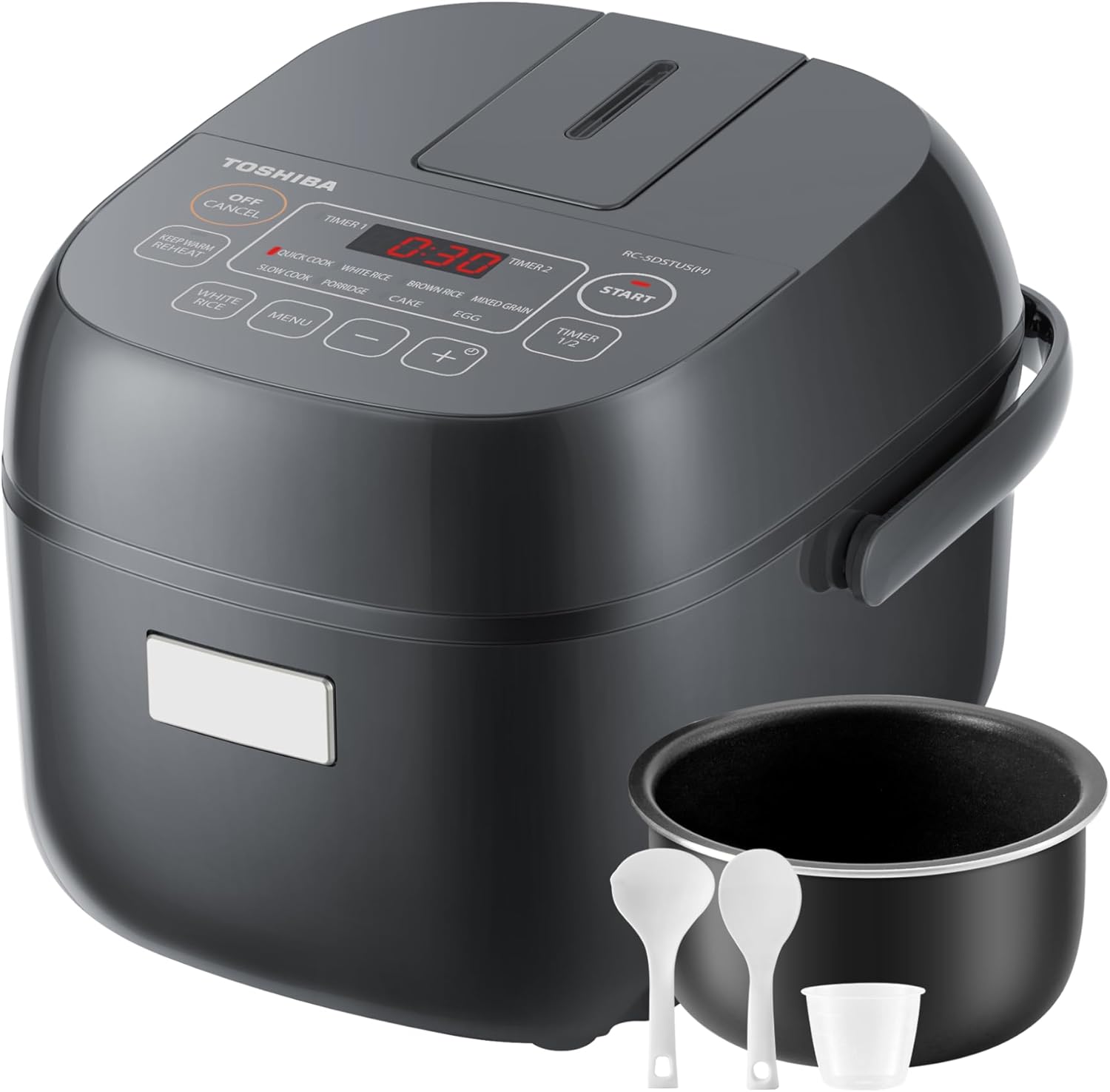 TOSHIBA Rice Cooker Small 3-Cup Uncooked– LCD Display with 8 Cooking Functions: Rice, Oatmeal, Mixed Grains and More, NonStick Inner Pot, Grey