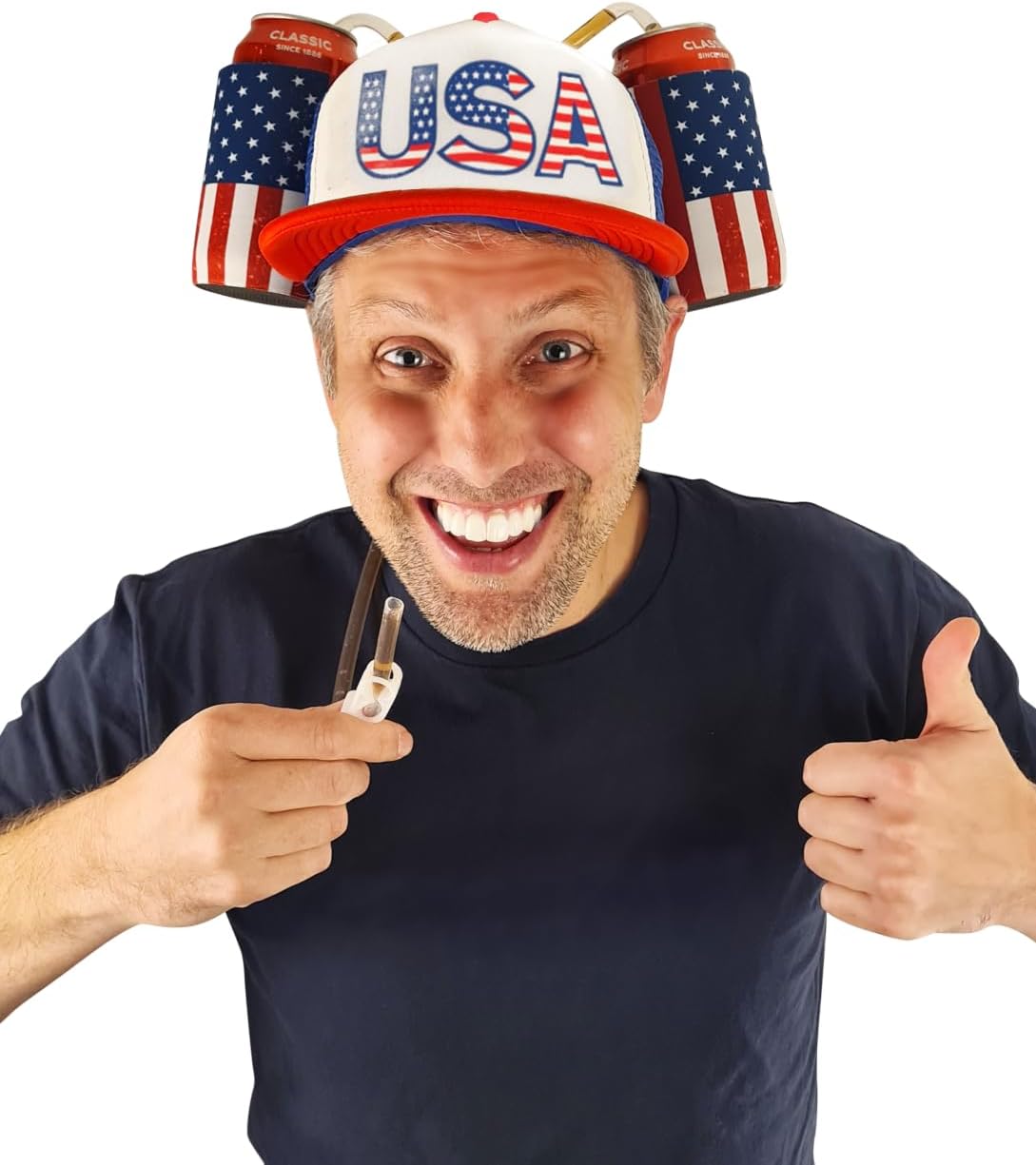 HandinHandCreations USA Merica Stars Drinking Cap Adjustable Size Hat with Straw for Soda or Beverage Guzzler Drink Helmet - America Drinking July 4th Costume - All American Party Gear Blue
