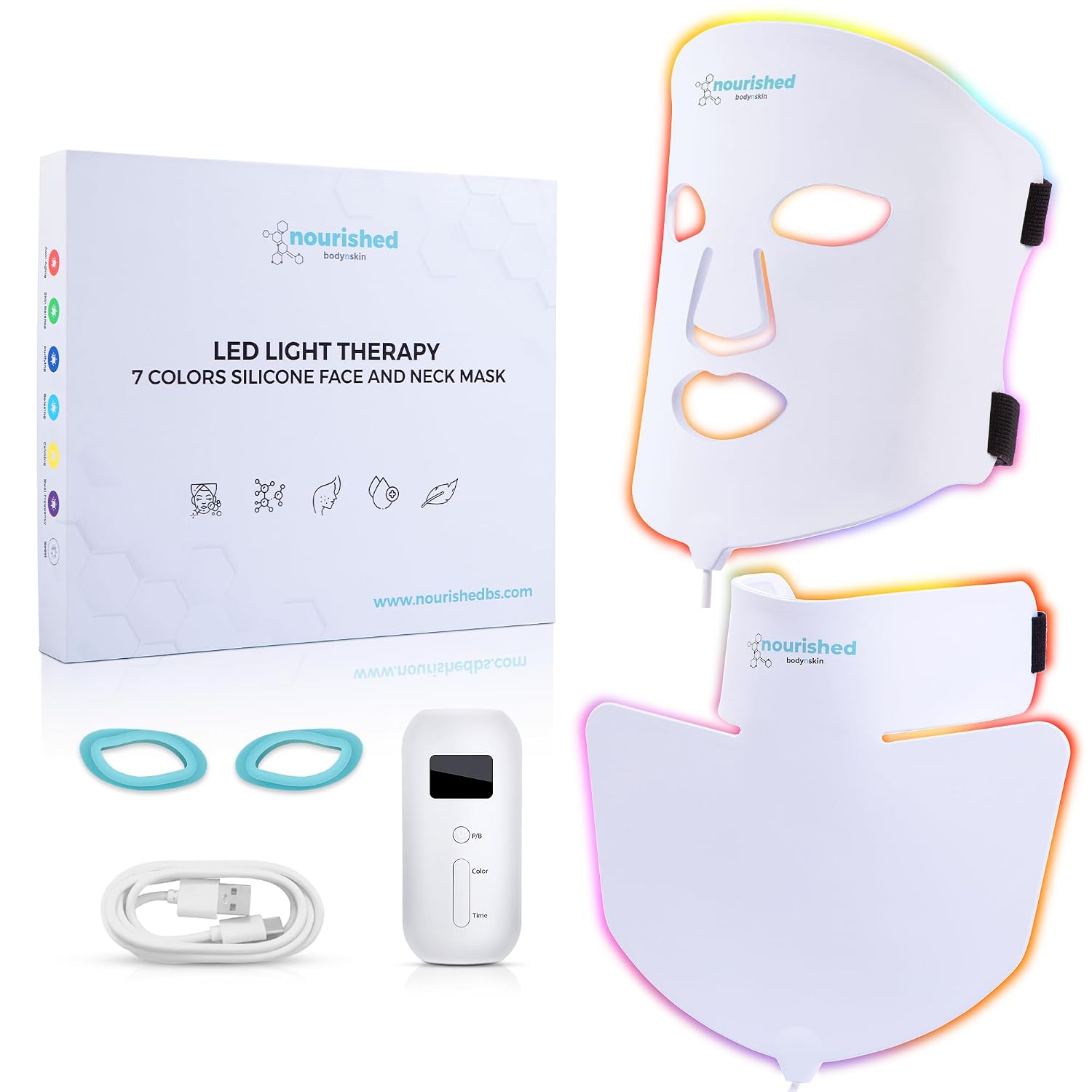 LED Light Therapy Face & Neck Mask - Facial Skin Care Device - 7 Colors Red & Blue - Rejuvenation, Anti-aging Product for Wrinkles