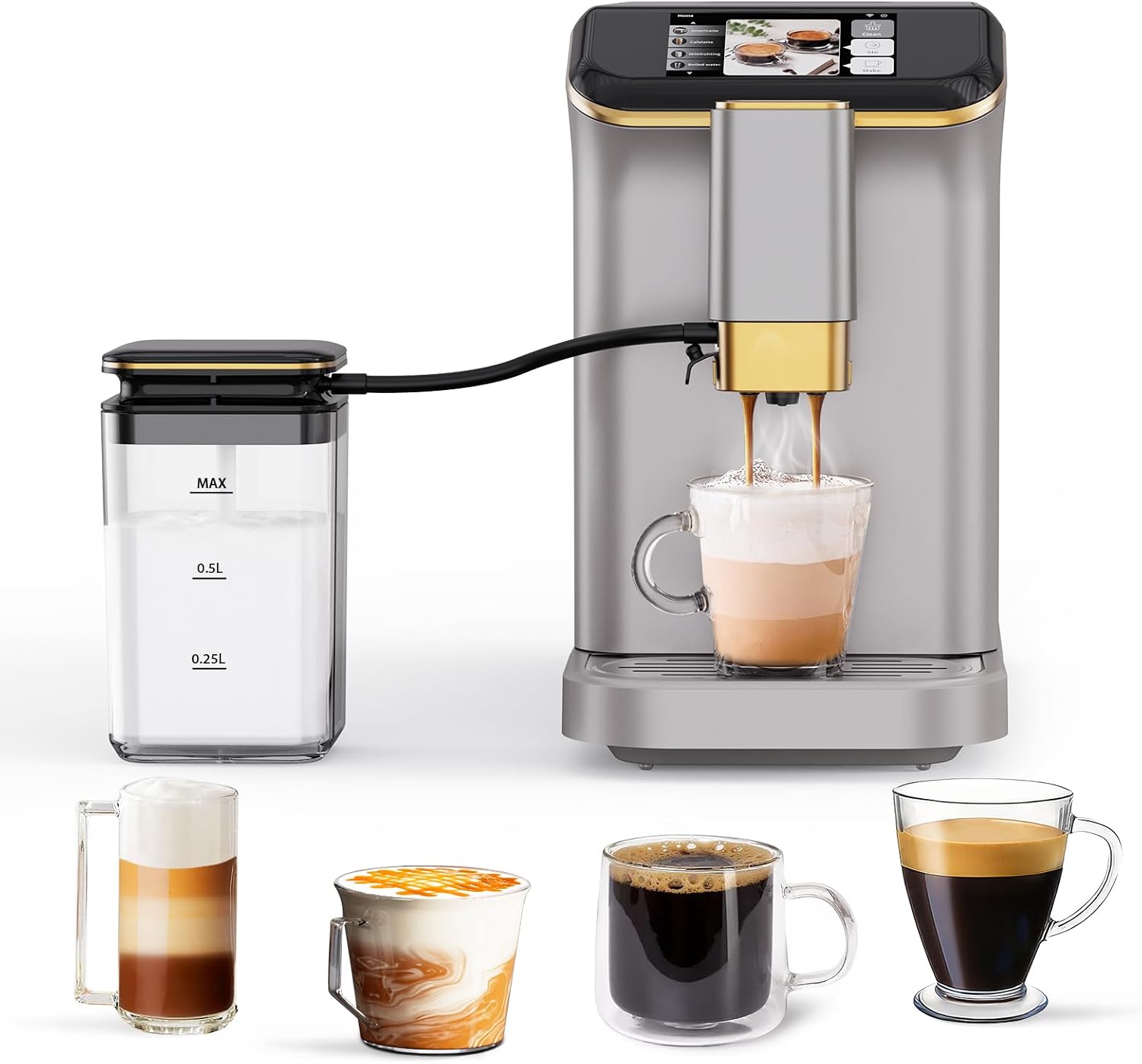 Towallmark Fully Automatic Espresso Machine with Grinder, Milk Frother, TFT Touch Display, 20 Bar Pressur & 15 Grind Settings, Auto Cleaning for Latte, Cappuccino, Espresso