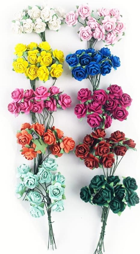 100 pcs Mini Rose Mixed 10 Colors Mulberry Paper Flower 15-18 mm Wedding Doll House Supplies Card