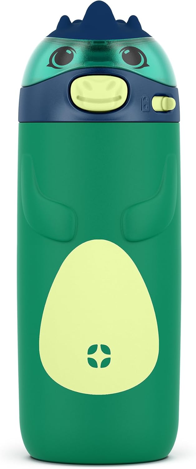 Ello Ellies 12oz Vacuum Insulated Stainless Steel Kids Water Bottle with Straw and Built-in Carrying Handle and Leak-Proof Locking Lid for School Backpack, Lunchbox and Outdoor Sports, Dino