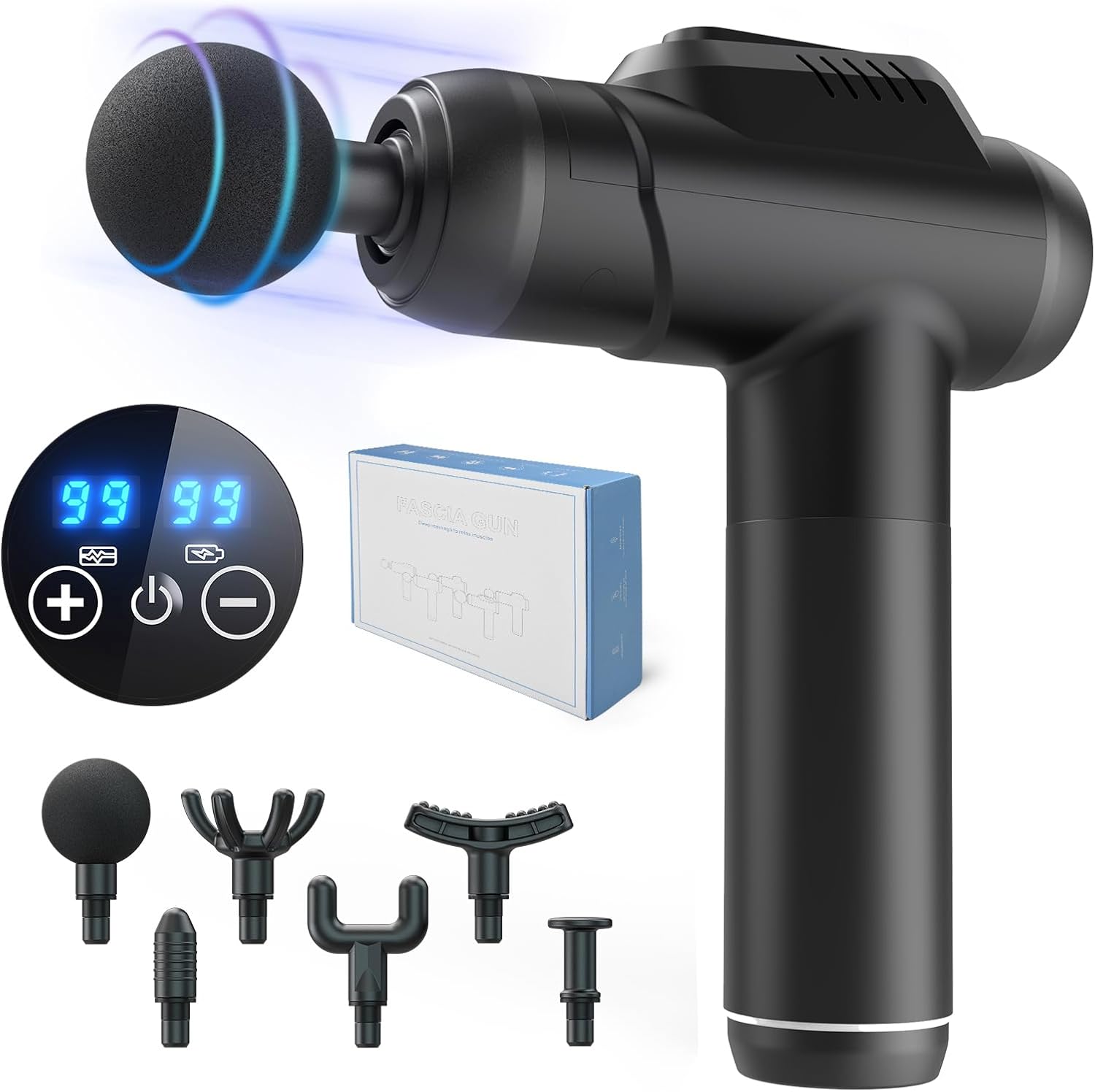 Massage Gun Deep Tissue, Percussion Muscle Massager with 99 Adjustable Speeds Quiet Hand Massagers with LCD Touch Screen 6 Heads, Back Massager for Pain Relief Shoulder Body Relaxation