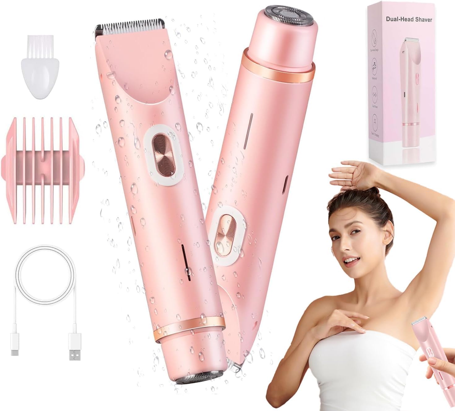 2 in 1 Glowshave Hair Remover, Lady Shaver for Women, Wet & Dry Waterproof Electric Bikini Trimmer, Pink (Pink)
