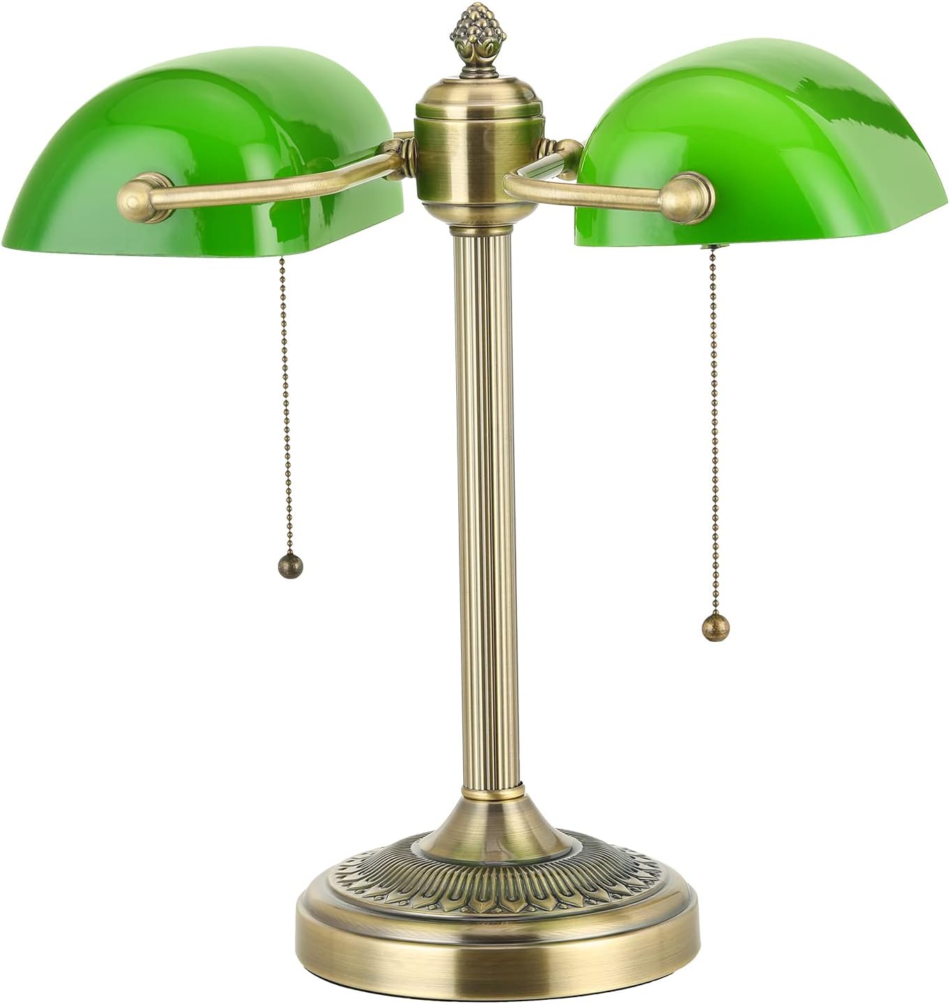 Green Double Head Glass Bankers Desk Lamp,Plug in | Pull Chain Switch Fixture for Library Office Cafe