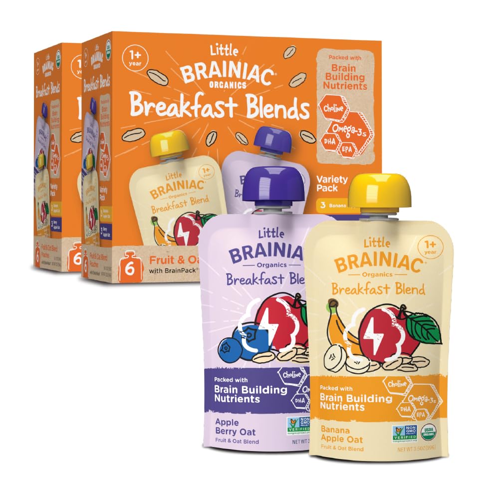 Little Brainiac Variety Pack Breakfast Blend Organic Fruit & Oat Toddler Pouches, Banana Apple Oat & Apple Berry Oat with Omega-3s DHA/EPA & Choline, Clean Label, BPA-Free, Non-GMO, 3.5 oz, Pack of 12
