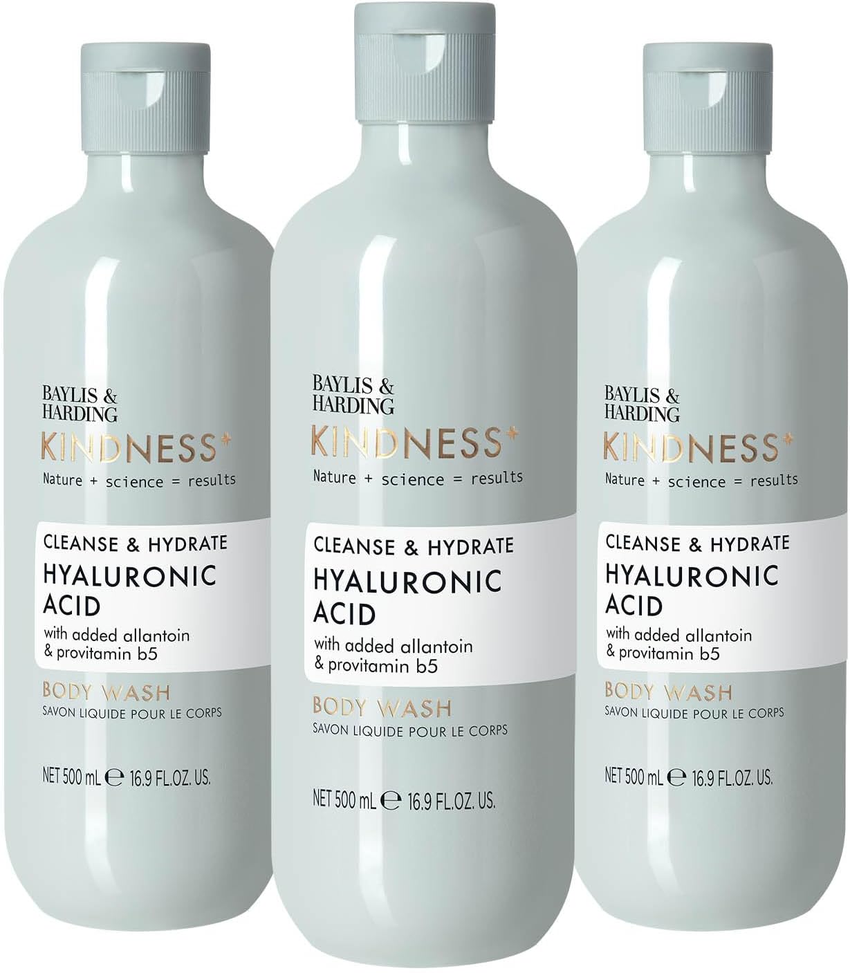 Baylis & Harding Kindness + Plant Hyaluronic Acid, Pear & Orange Blossom Fragrance, 500 ml Cleanse & Hydrate Body Wash (Pack of 3) - Vegan Friendly