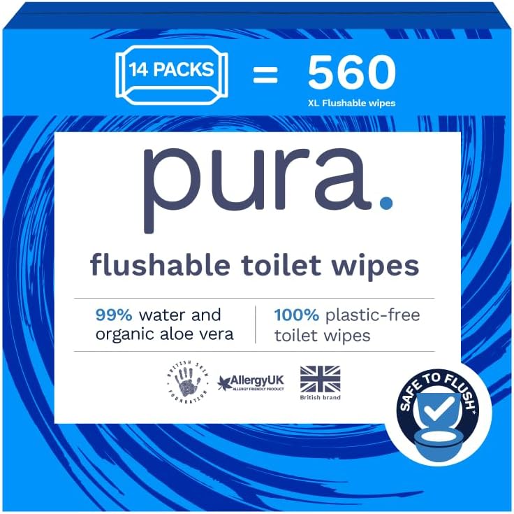 Pura Flushable Moist Toilet Tissue Wipes, 14 x 40 wipes per pack (560 Wipes) 100% Plastic Free, 99% Water Washlets, Certified Fine to Flush Biodegradable, Compostable, Vegan, Gentle, Clean, Wet Wipes