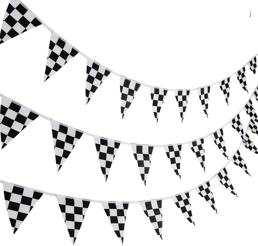 nuoshen 10 Meters Racing Flags,Black and White Checkered Flag, Black Flag | Racing Party Bunting (38 Flags), Washable and Reusable, Indoor Outdoor Use, Easy to Hang, Race Party and Home Decor