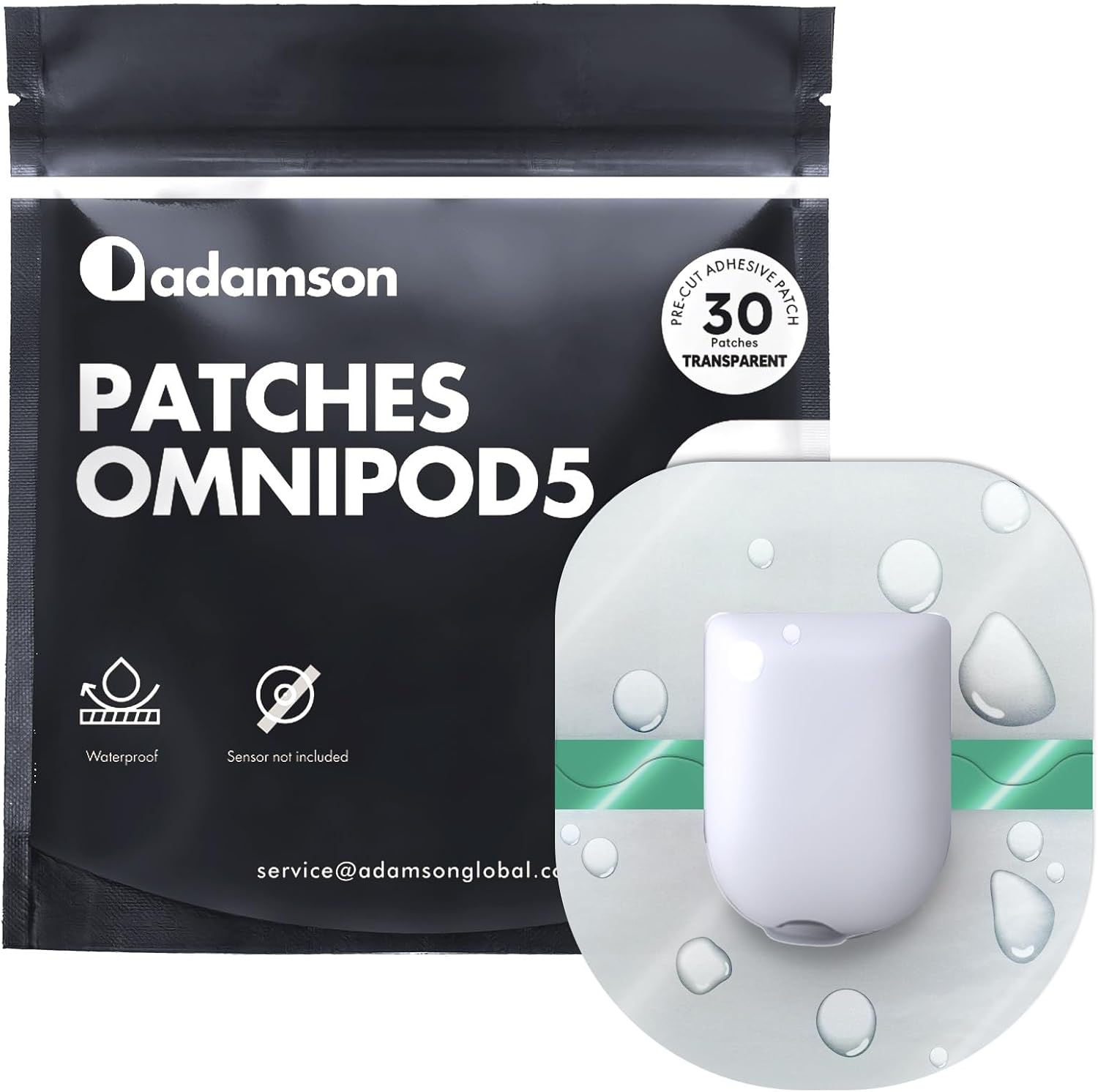 Adamson Omnipod 5 Overpatches – 30 Waterproof Omnipod 5 Adhesive Patches, Sweatproof & Skin-Friendly, No Glue on Center, Easy to Apply & Remove, Secure Hold for Active Lifestyles – Transparent