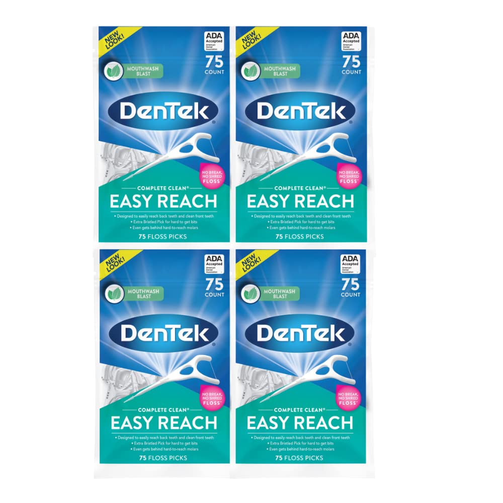 DenTek Complete Clean Easy Reach Floss Picks, Advanced Fluoride Coating, Mouthwash Blast Flavor, 75 ct. (Pack of 4)